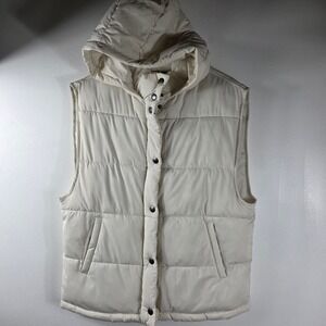 American Eagle Puffer Vest Hooded Cream Snap‎ Front Quilted Size S